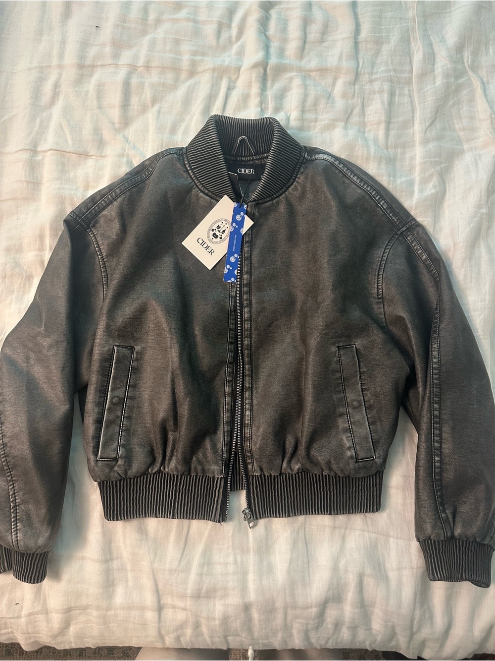 Cider Black Cropped Bomber Jacket with Ribbed Collar